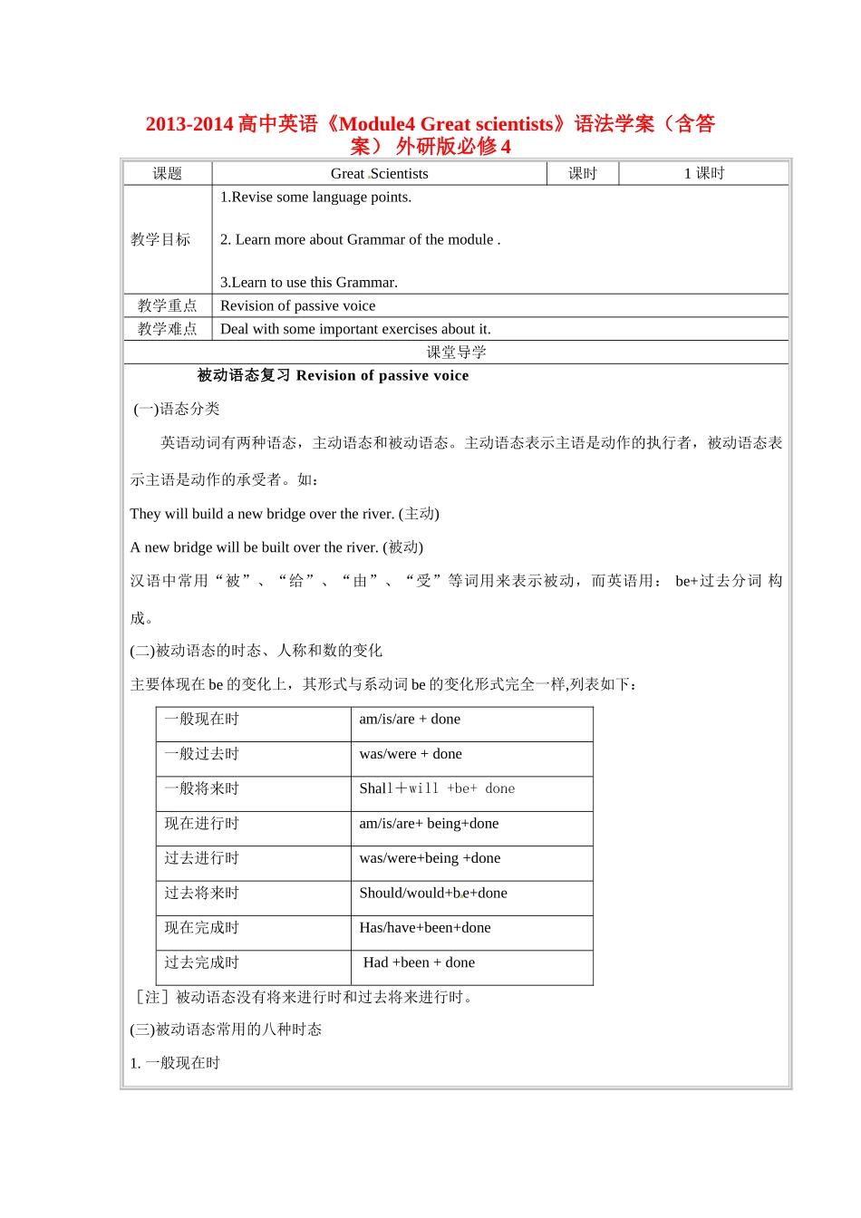 2013-2014高中英语《Module4 Great scientists》语法学案（含答案） 外研版必修4_第1页