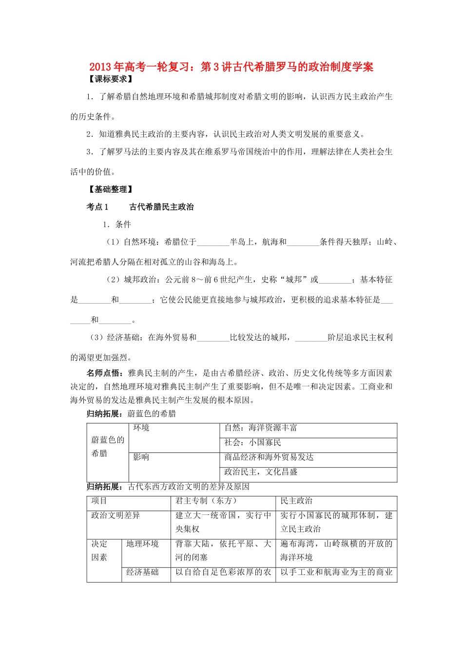 2013届高三历史一轮复习 第3讲 古代希腊罗马的政治制度学案 岳麓版_第1页