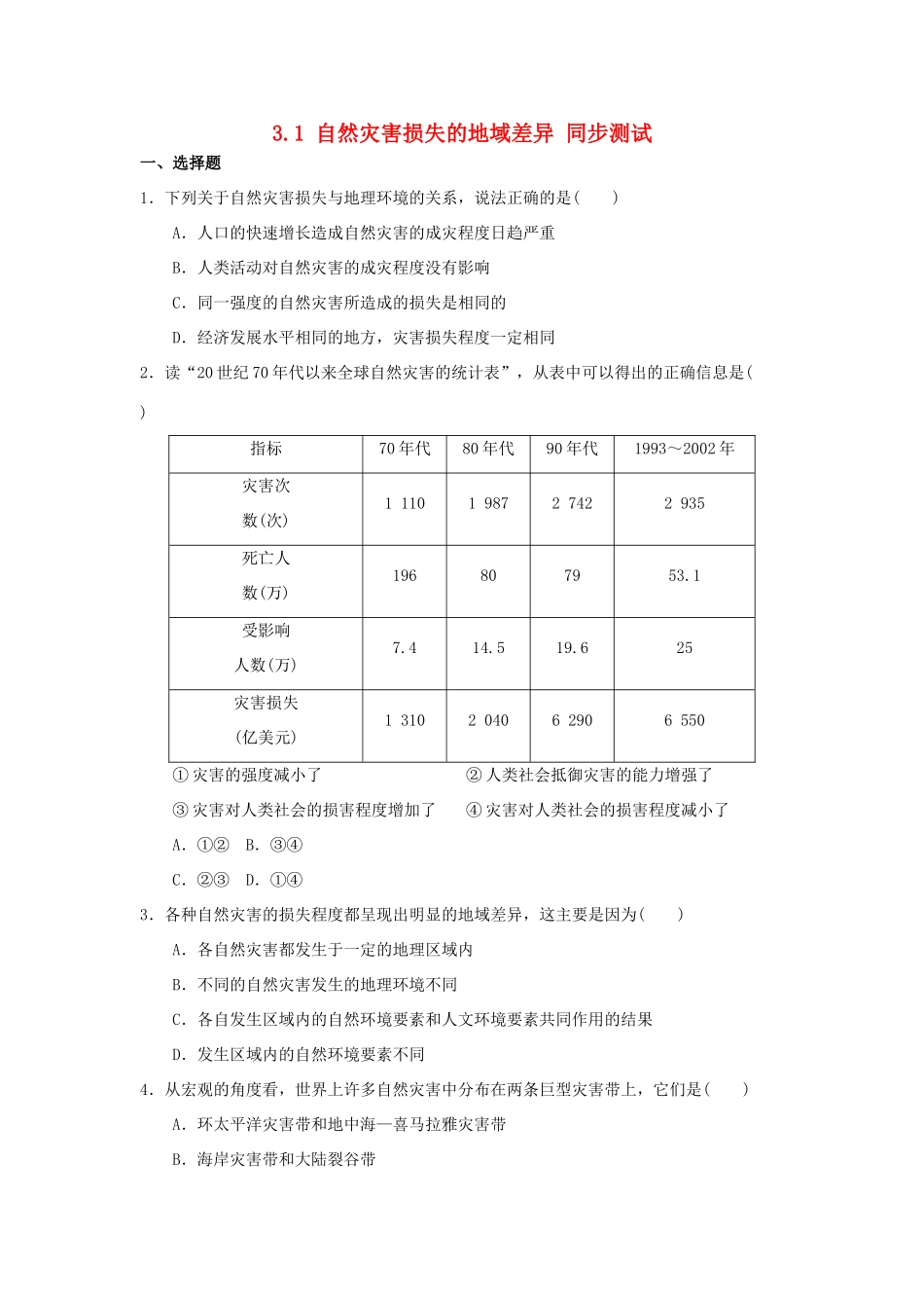 2013-2014学年高中地理 3.1 自然灾害损失的地域差异同步测试 湘教版选修5_第1页