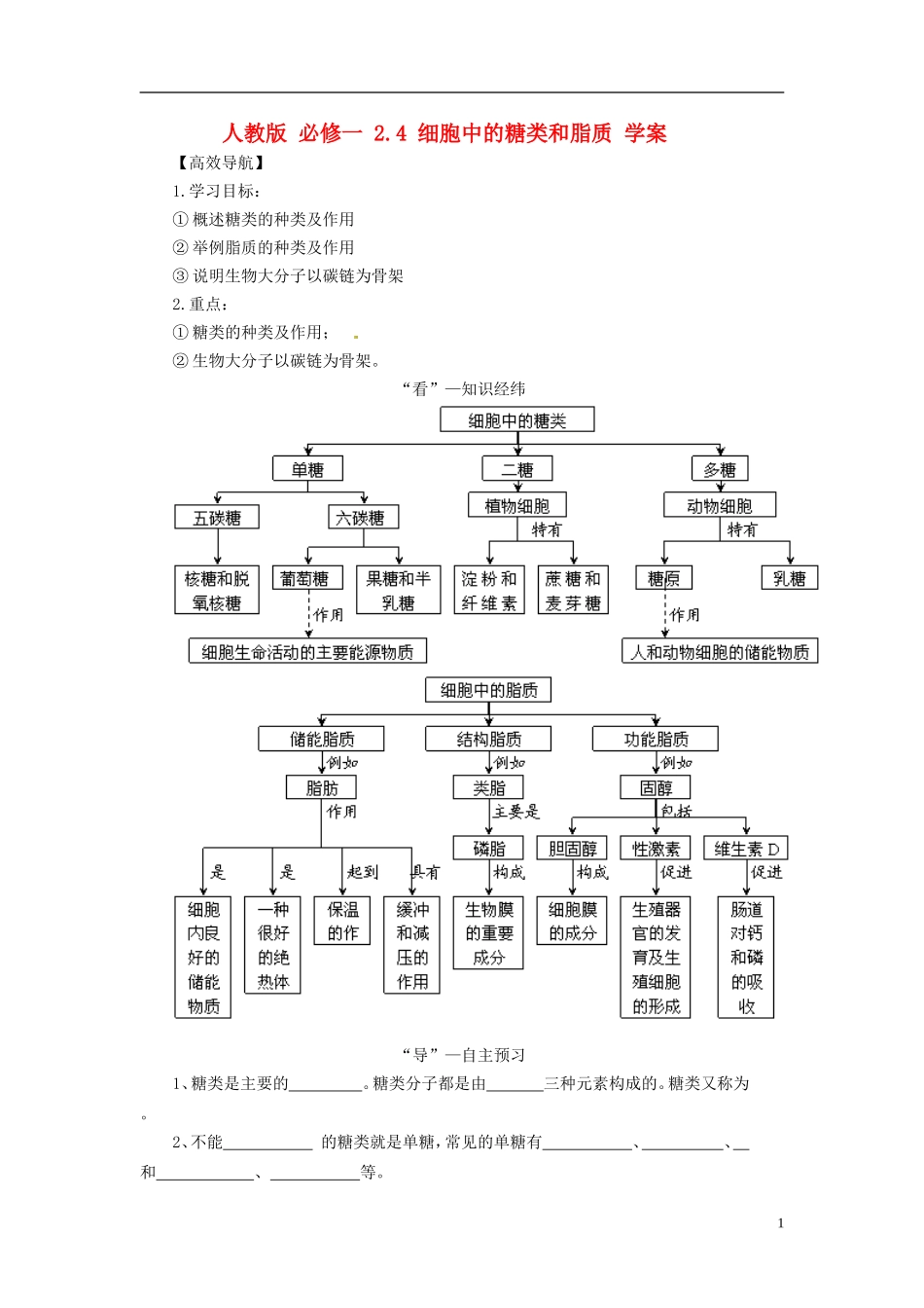 2013-2014学年高中生物 （自主预习+互动探究+课堂自测，含解析）2.4 细胞中的糖类和脂质学案 新人教版必修1_第1页