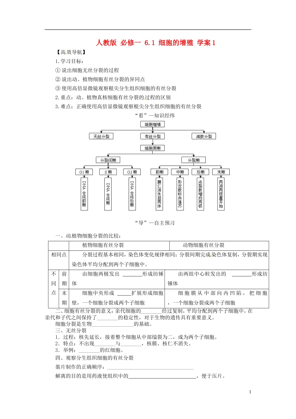 2013-2014学年高中生物 （自主预习+互动探究+课堂自测，含解析）6.1 细胞的增殖学案2 新人教版必修1_第1页