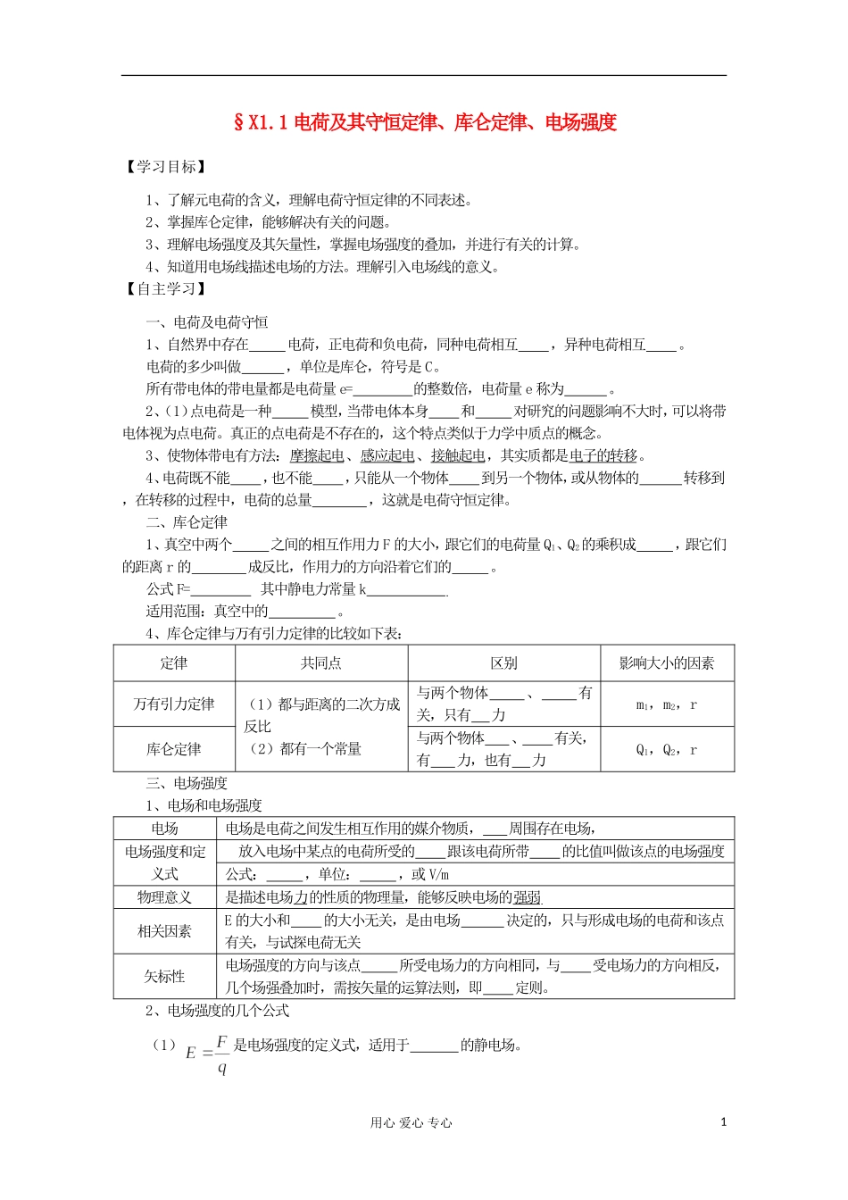 2012高考物理 电荷及其守恒定律、库仑定律、电场强度复习学案_第1页
