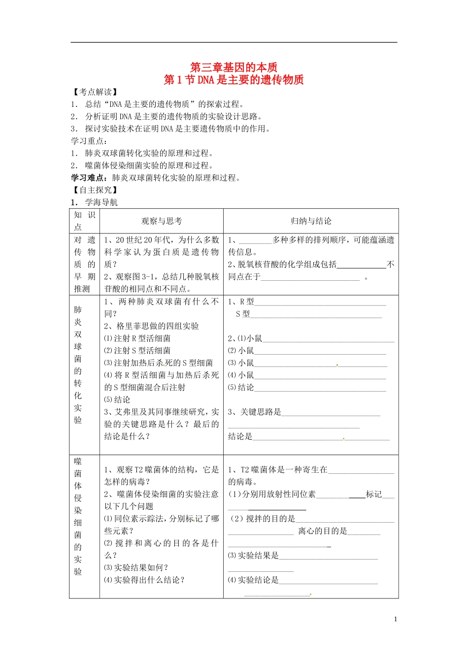 2013-2014学年高中生物 3.1 DNA是主要的遗传物质学案 新人教版必修2_第1页