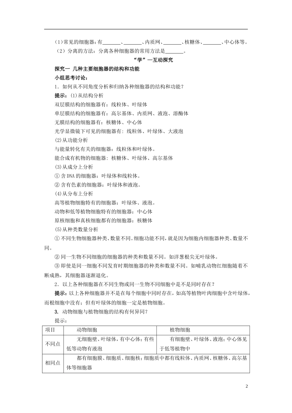 2013-2014学年高中生物 3.2 细胞器 系统内的分工合作1导学案 新人教版必修1_第2页
