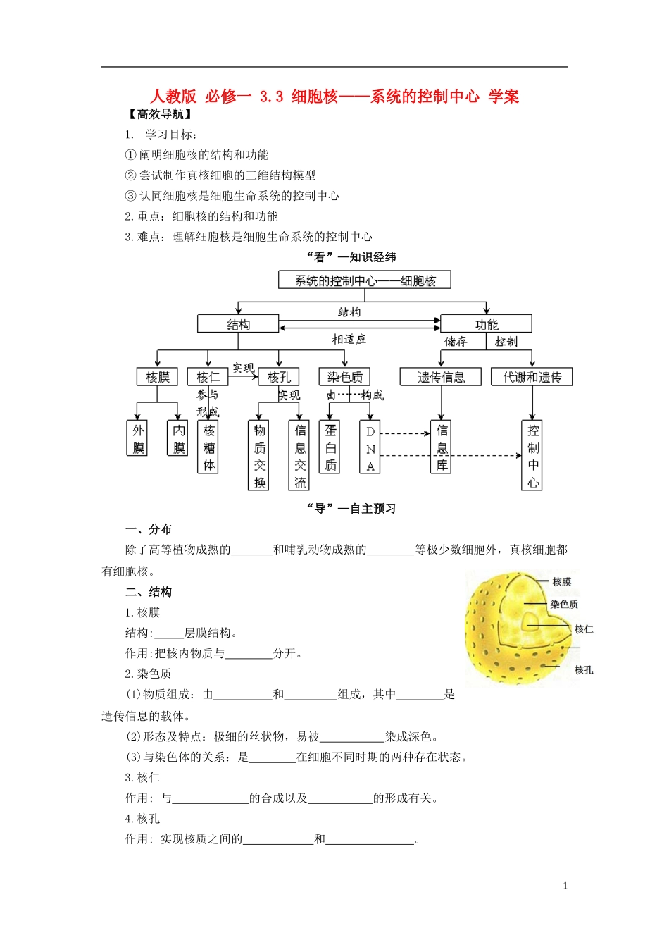 2013-2014学年高中生物 3.3 细胞核 系统的控制中心导学案 新人教版必修1_第1页