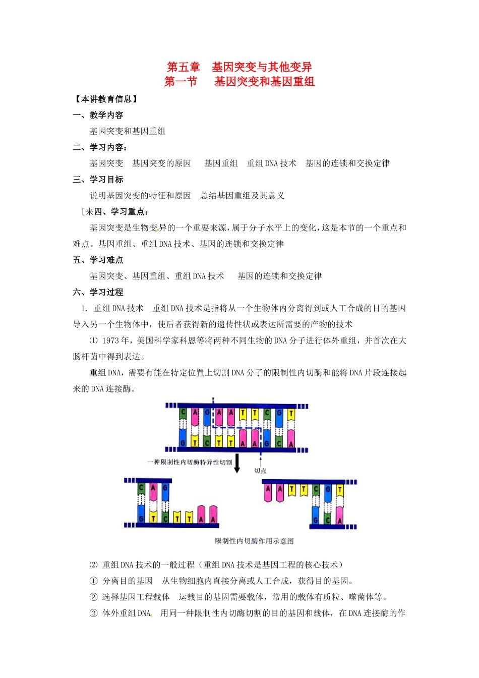 2013-2014学年高一生物下学期 第五章 第一节 基因突变与基因重组2教案 新人教版_第1页