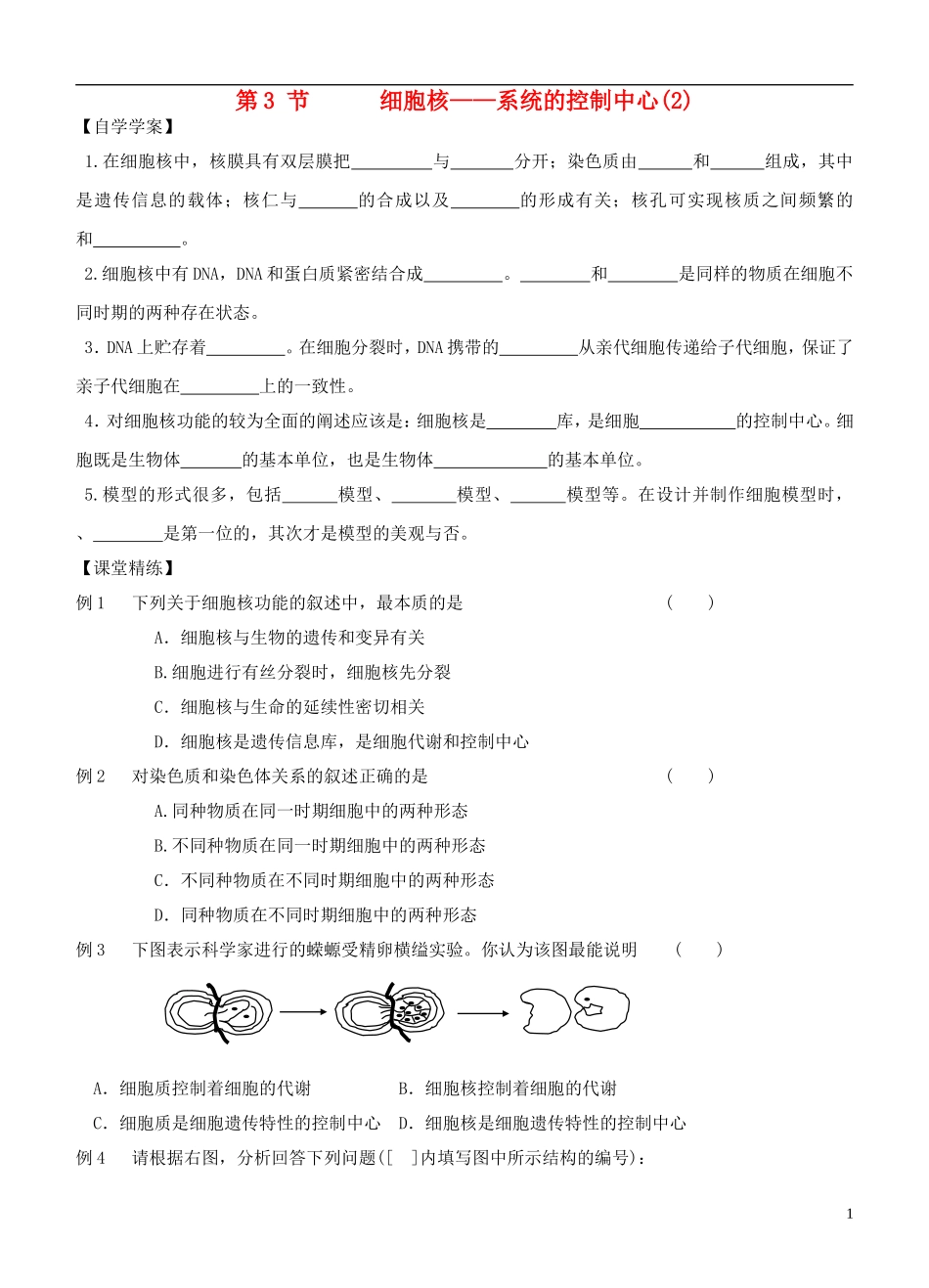 2013-2014学年高中生物 3.3《细胞核 系统的控制中心》2学案 新人教版必修1_第1页