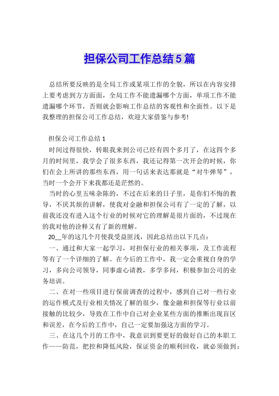 担保公司工作总结5篇_第1页