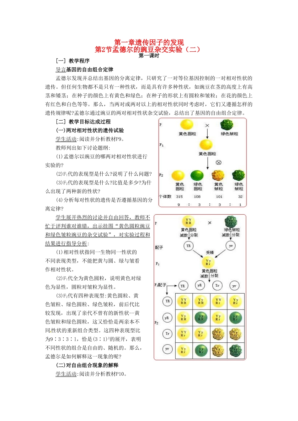 2013-2014学年高中生物 1.2 孟德尔豌豆杂交实验（二）新课教学过程1 新人教版必修2_第1页