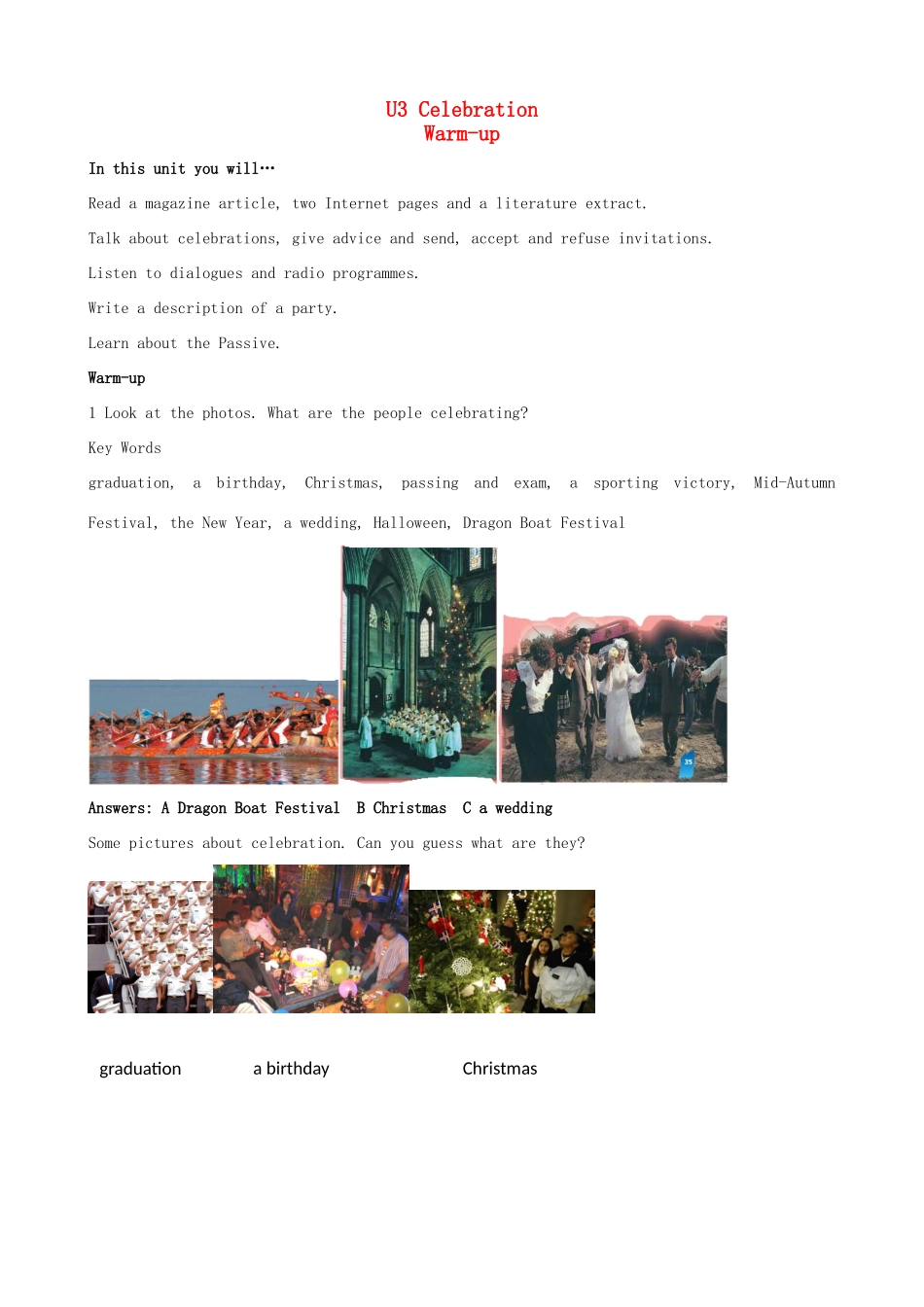 2012高中英语 Unit3 Celebration warm-up精品教案 北师大版必修1_第1页
