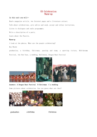 2012高中英语 Unit3 Celebration warm-up精品教案 北师大版必修1