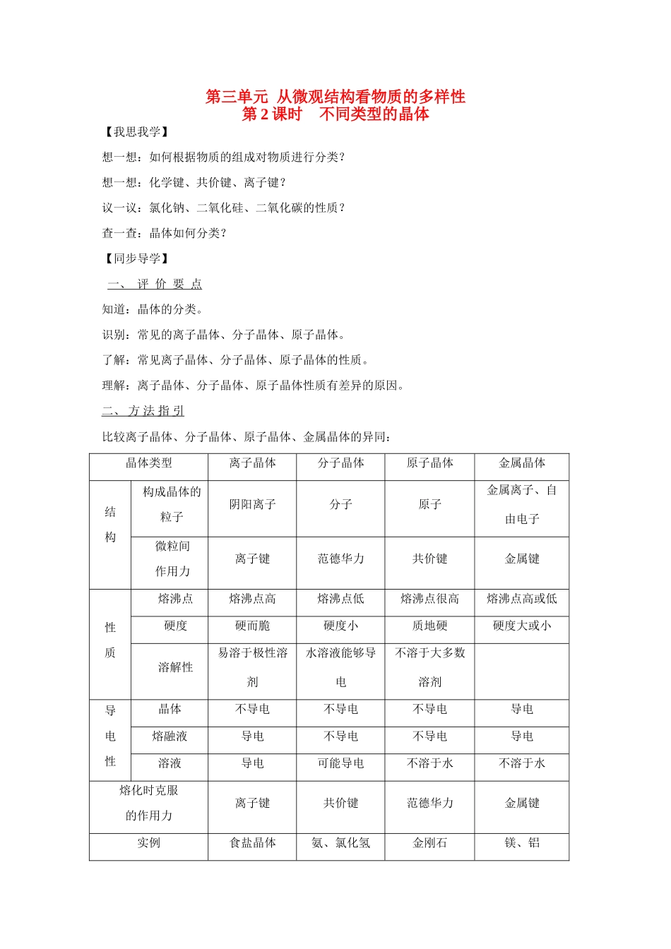 2013-2014学年高中化学 1.3.2不同类型的晶体学案 苏教版必修2_第1页