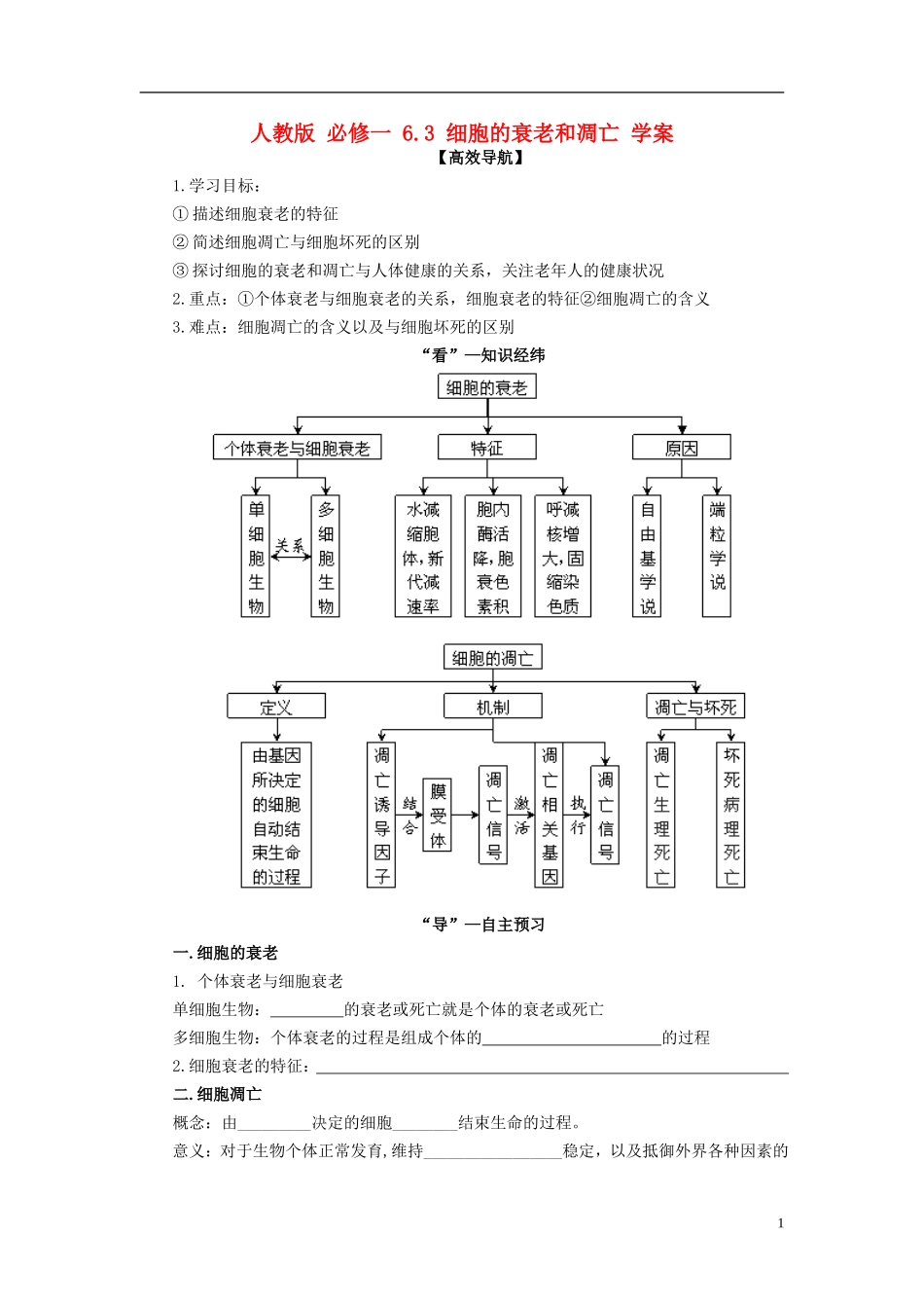 2013-2014学年高中生物 6.3 细胞的衰老和凋亡导学案 新人教版必修1_第1页
