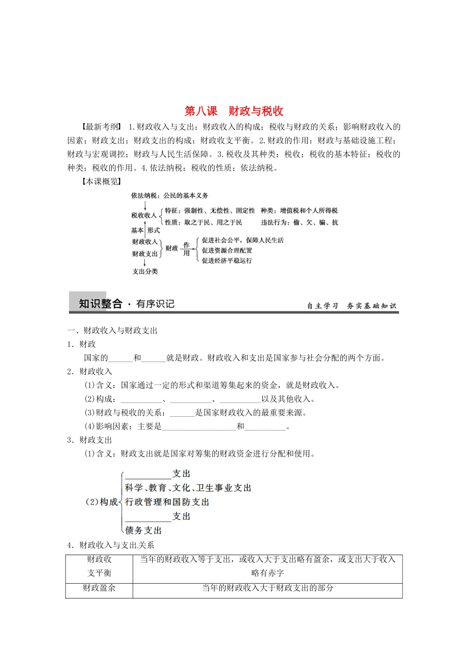 2013届高三政治一轮复习 第八课 财政与税收强化学案 新人教必修1_第1页