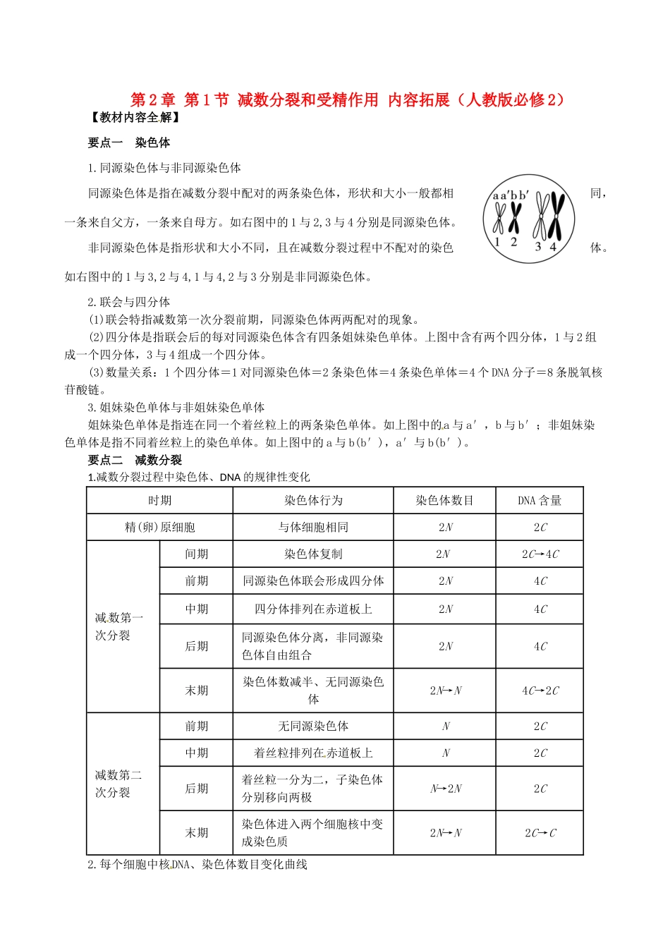 2013-2014学年高中生物 第2章 第1节《减数分裂和受精作用》教材内容全解 新人教版必修2_第1页