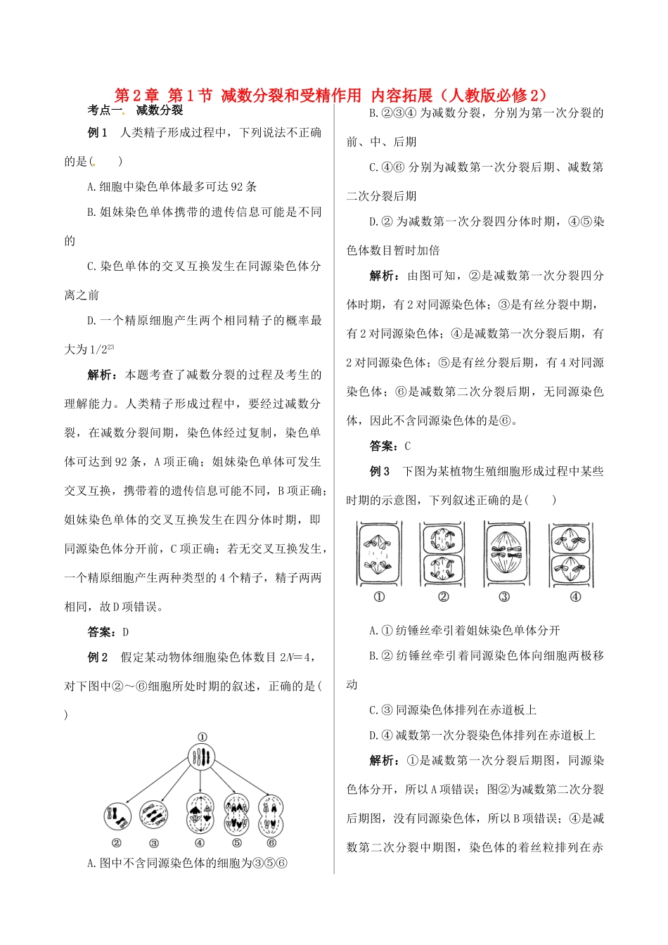 2013-2014学年高中生物 第2章 第1节《减数分裂和受精作用》内容拓展 新人教版必修2_第1页