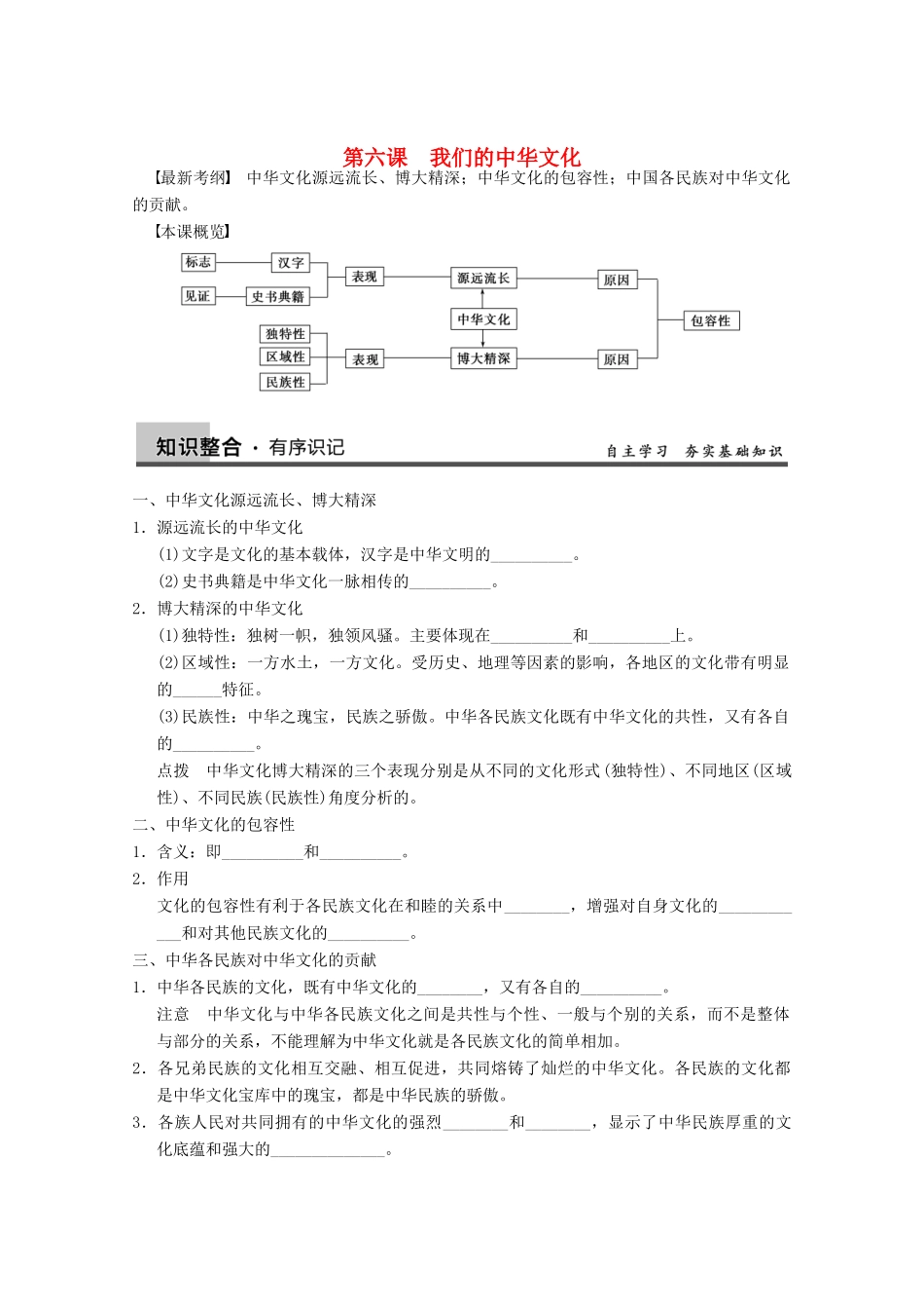 2013届高三政治一轮复习 第六课　我们的中华文化强化学案 新人教必修3_第1页