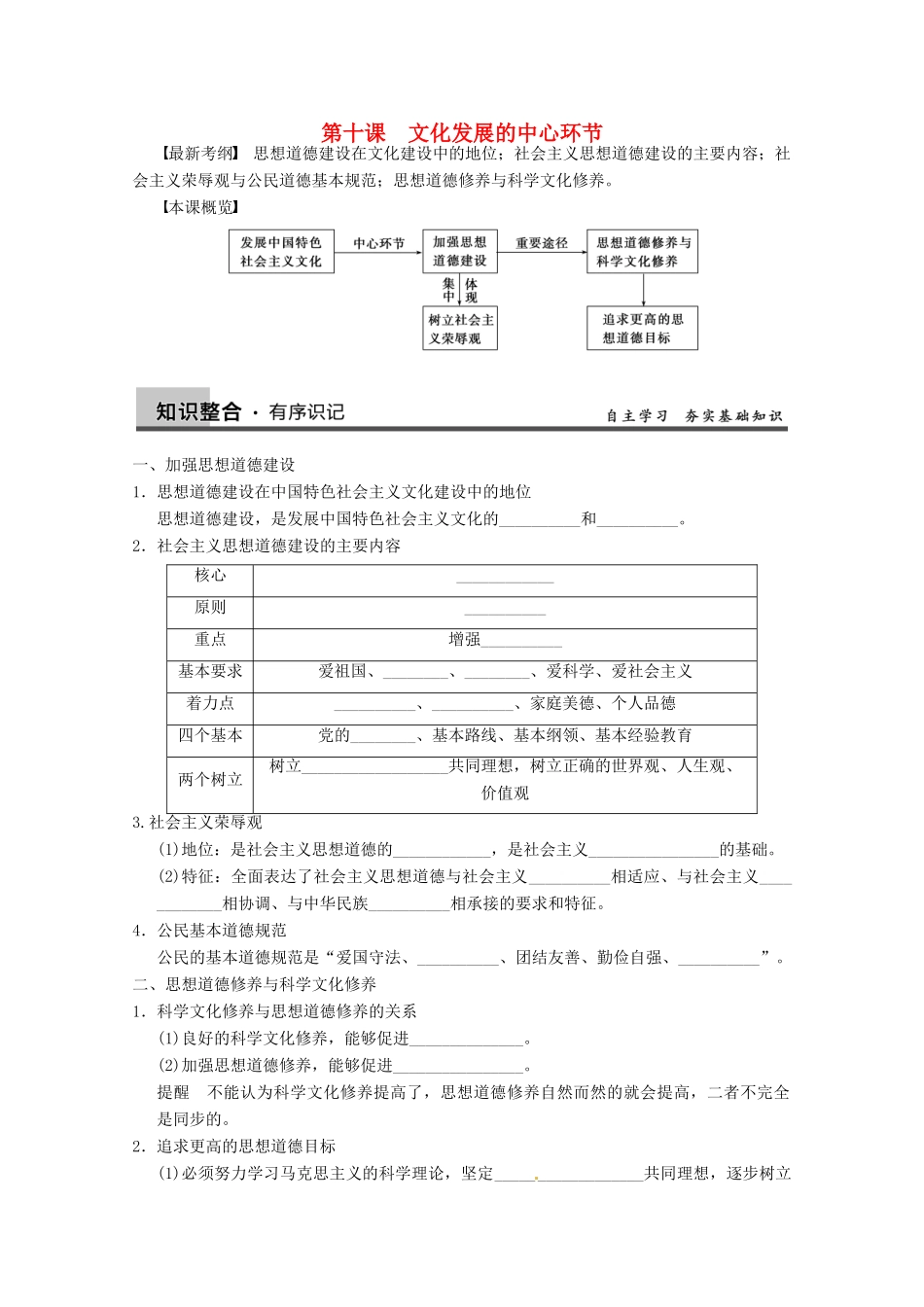 2013届高三政治一轮复习 第十课　文化发展的中心环节强化学案 新人教必修3_第1页