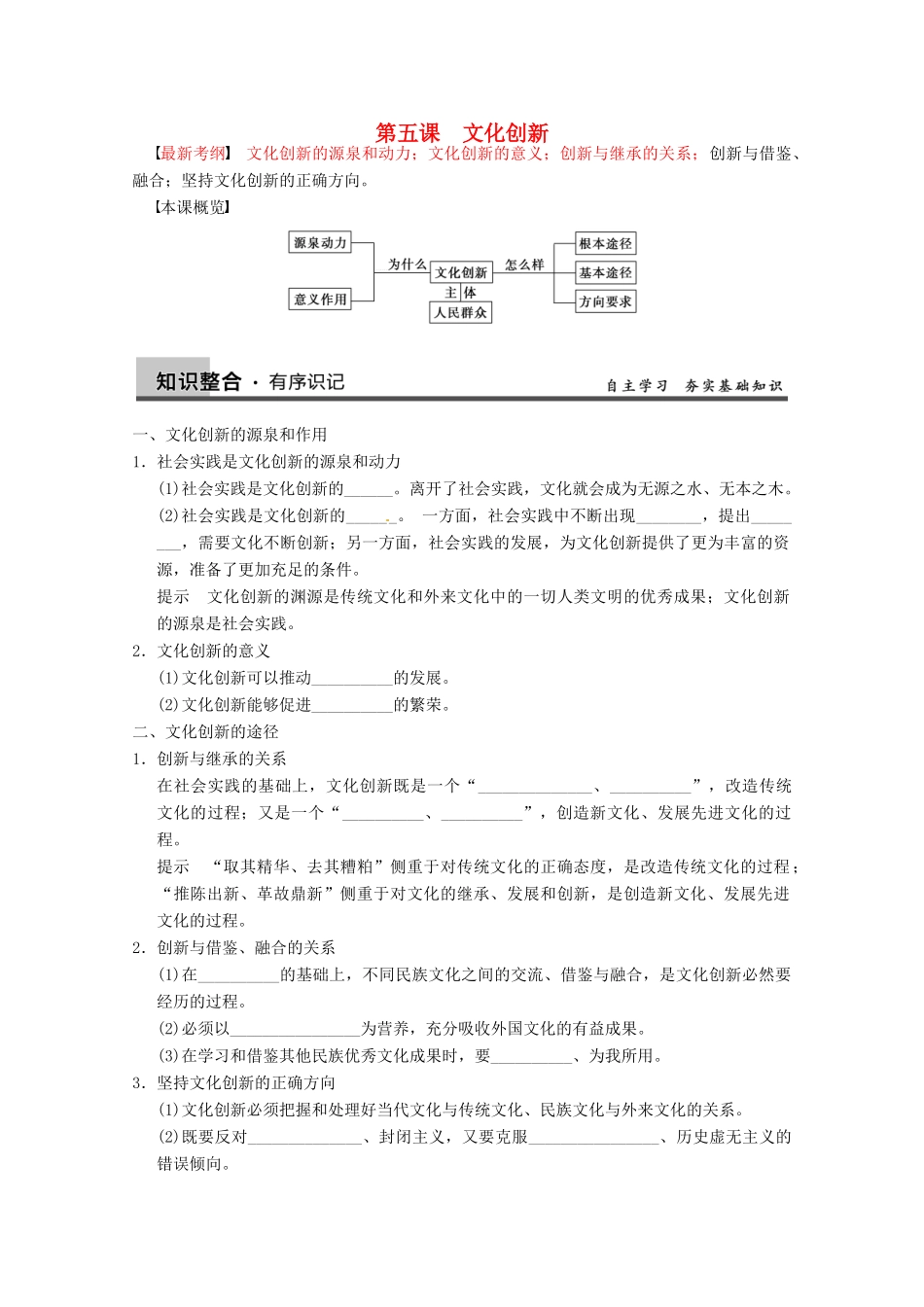 2013届高三政治一轮复习 第五课 文化创新强化学案 新人教必修3_第1页