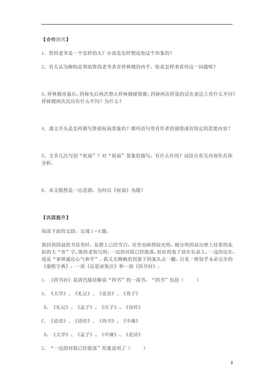 2012高中语文 3.7 祝福 第三课时学案 07版鲁人版必修3_第3页