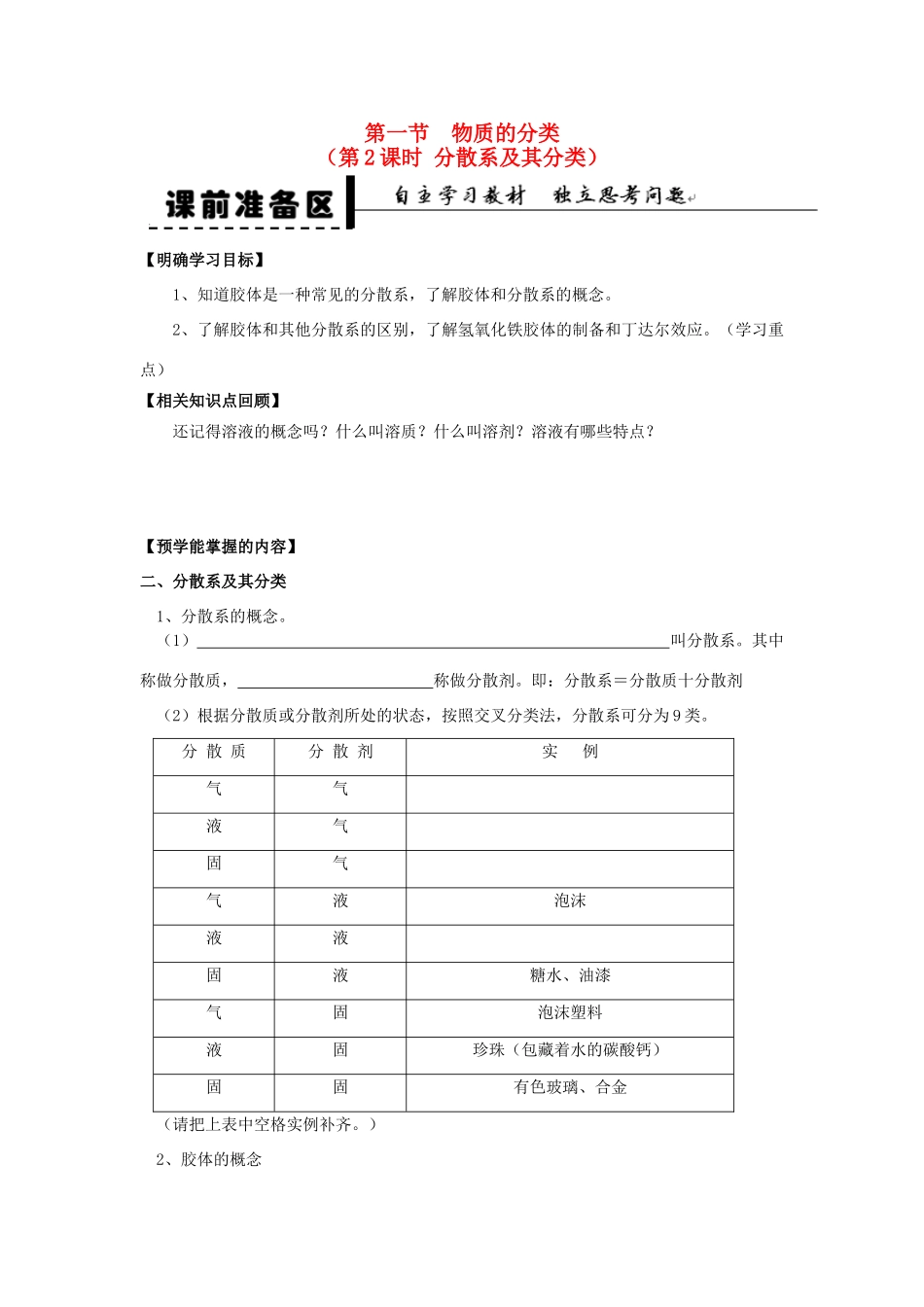 2013-2014学年高中化学 第2章 第1节 物质的分类 第2课时 分散系及其分类学案 新人教版_第1页