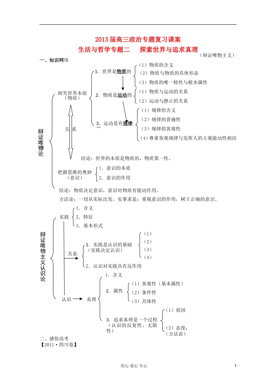 2013届高中政治专题复习 第二单元 探索世界与追求真理课案 新人教必修4_第1页