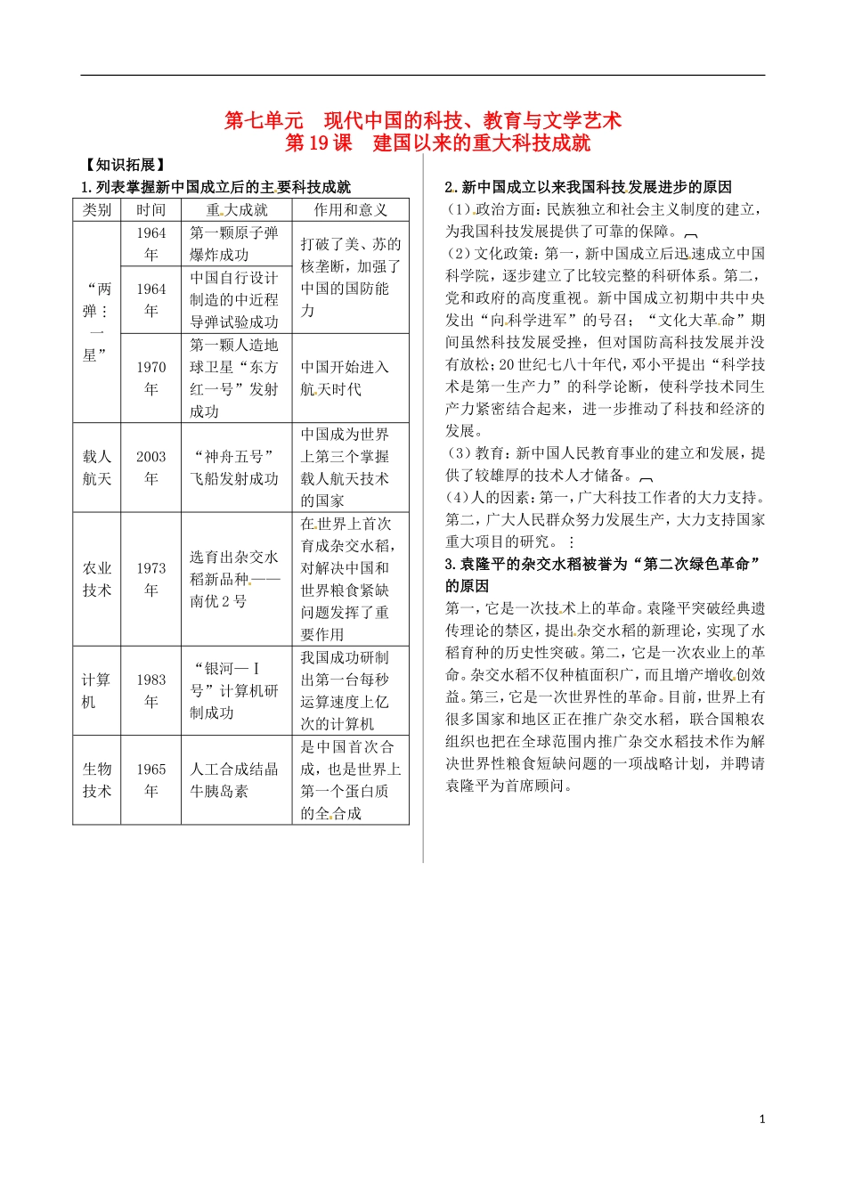 2013-2014学年高中历史 第七单元 第19课 建国以来的重大科技成就教材内容精解 新人教版必修3_第1页