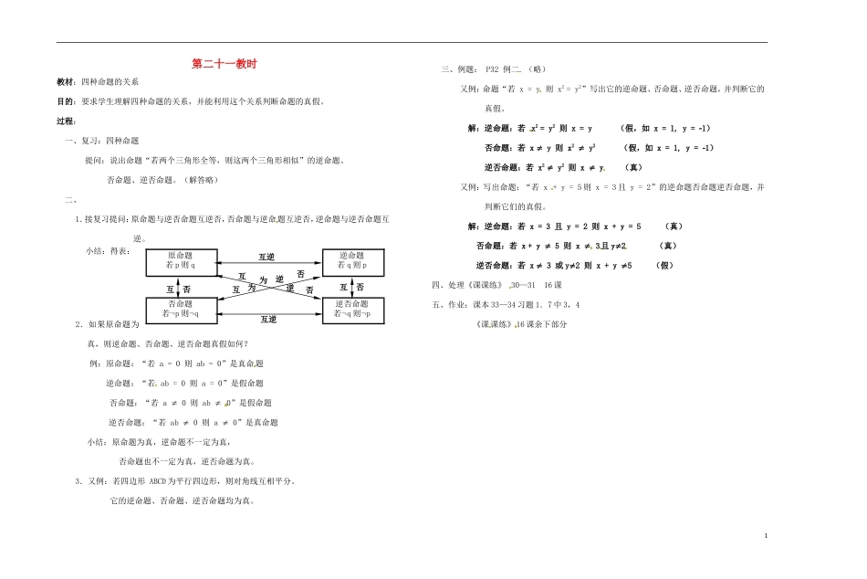 2013-2014学年高中数学 第二十一教时 四种命题的关系教案 新人教A版必修1_第1页