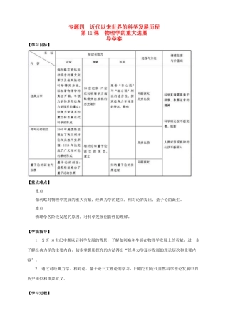 2013-2014学年高中历史 专题四 第11课《物理学的重大进展》新导学案 新人教版必修3