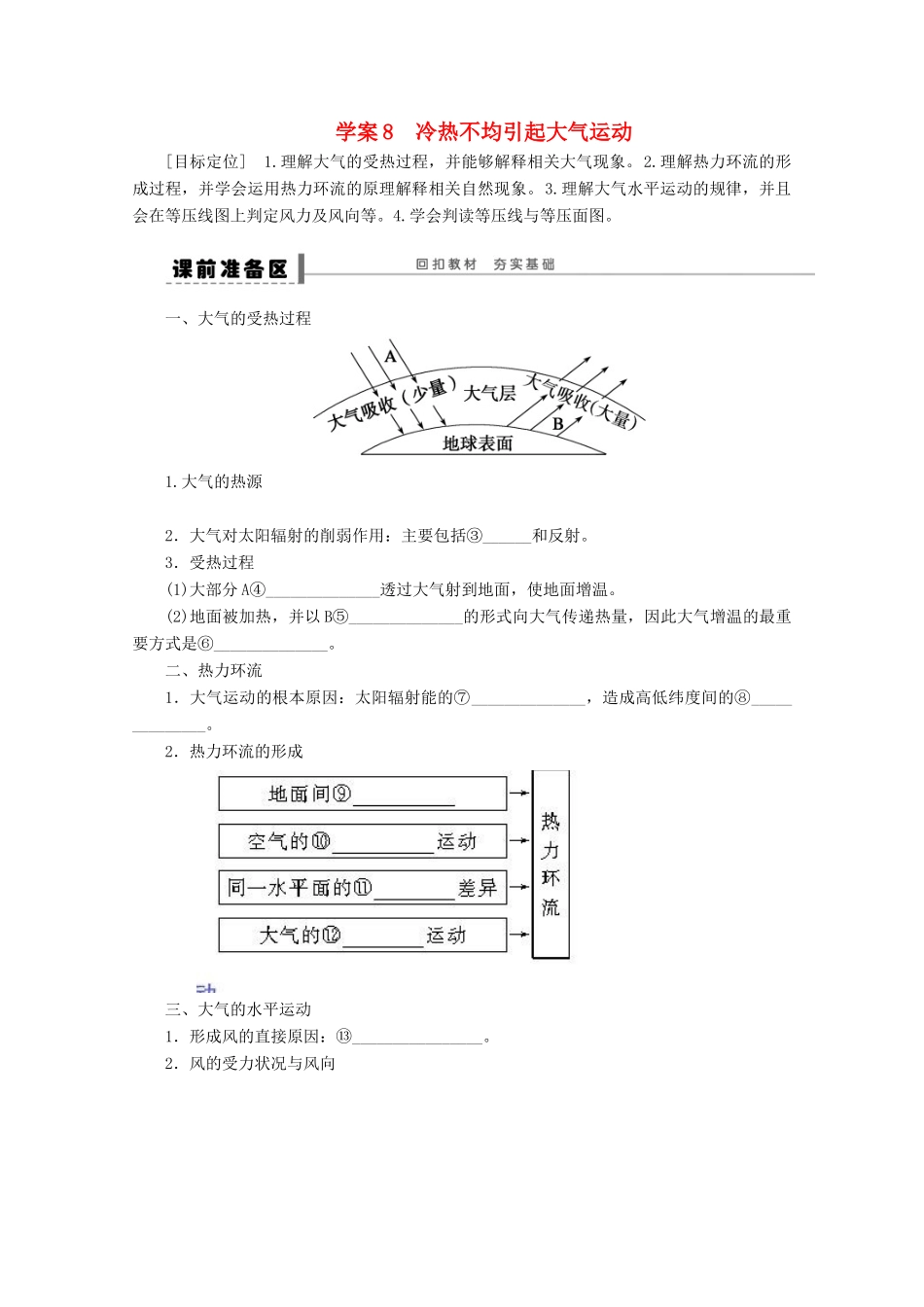 2013届高考地理 精品复习学案8 冷热不均引起大气运动 鲁教版_第1页