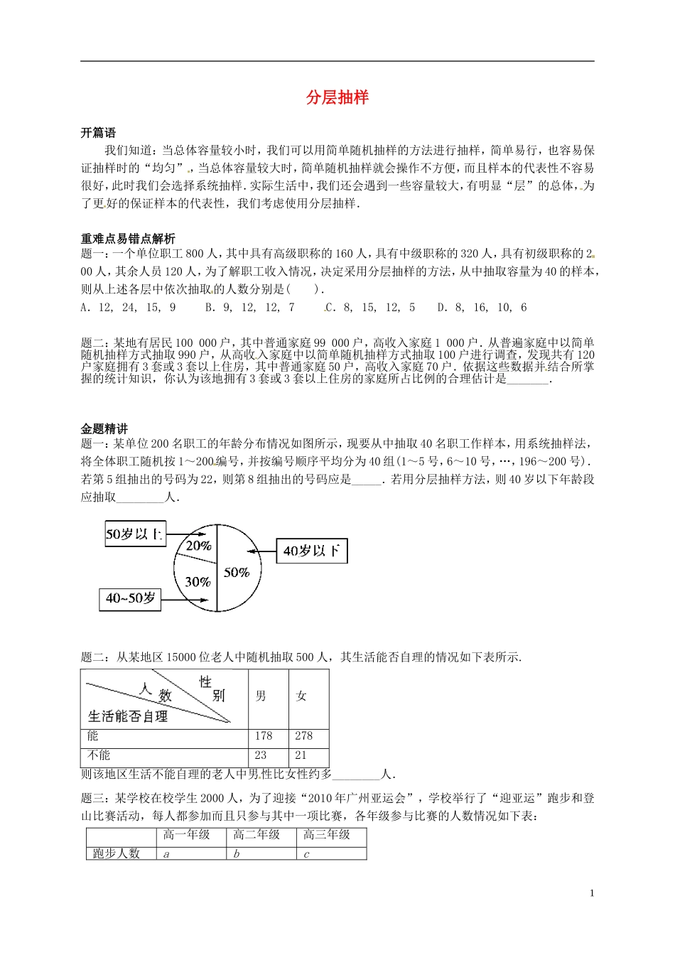 2013-2014学年高中数学专题讲解 分层抽样 新人教A版必修3_第1页