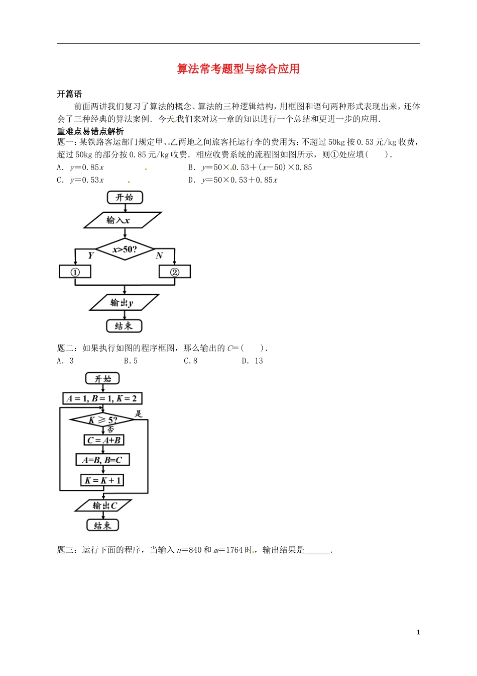 2013-2014学年高中数学专题讲解 算法常考题型与综合应用 新人教A版必修3_第1页