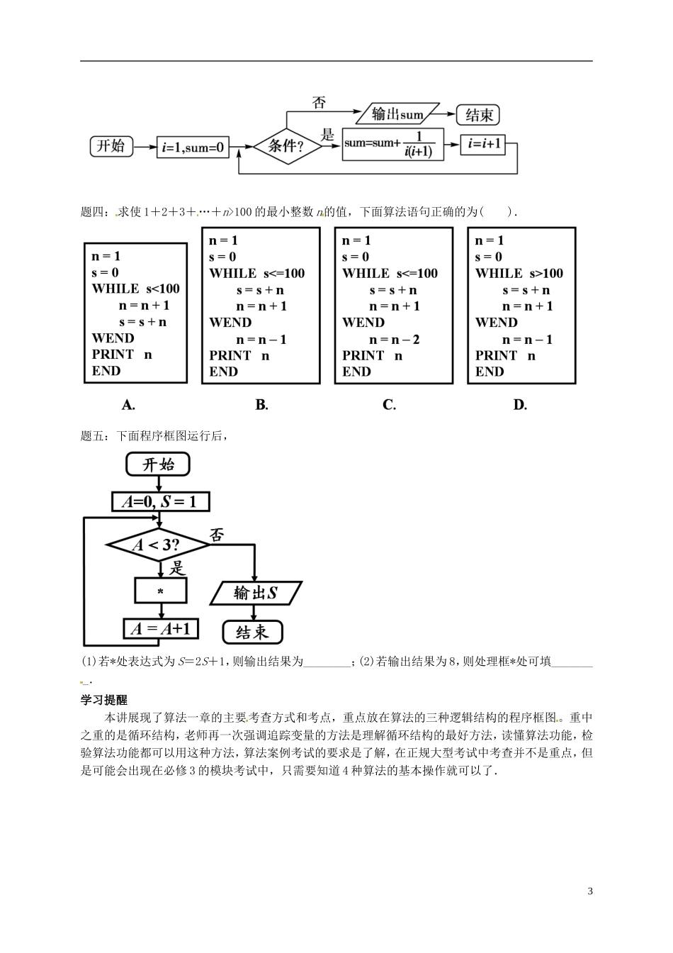 2013-2014学年高中数学专题讲解 算法常考题型与综合应用 新人教A版必修3_第3页