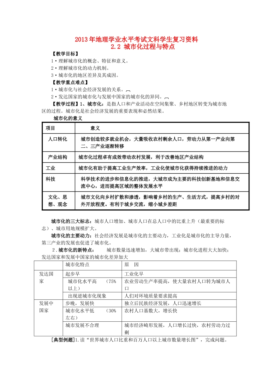 2013年高二地理学业水平考试文科学生复习 2.2 城市化过程与特点学案 湘教版_第1页