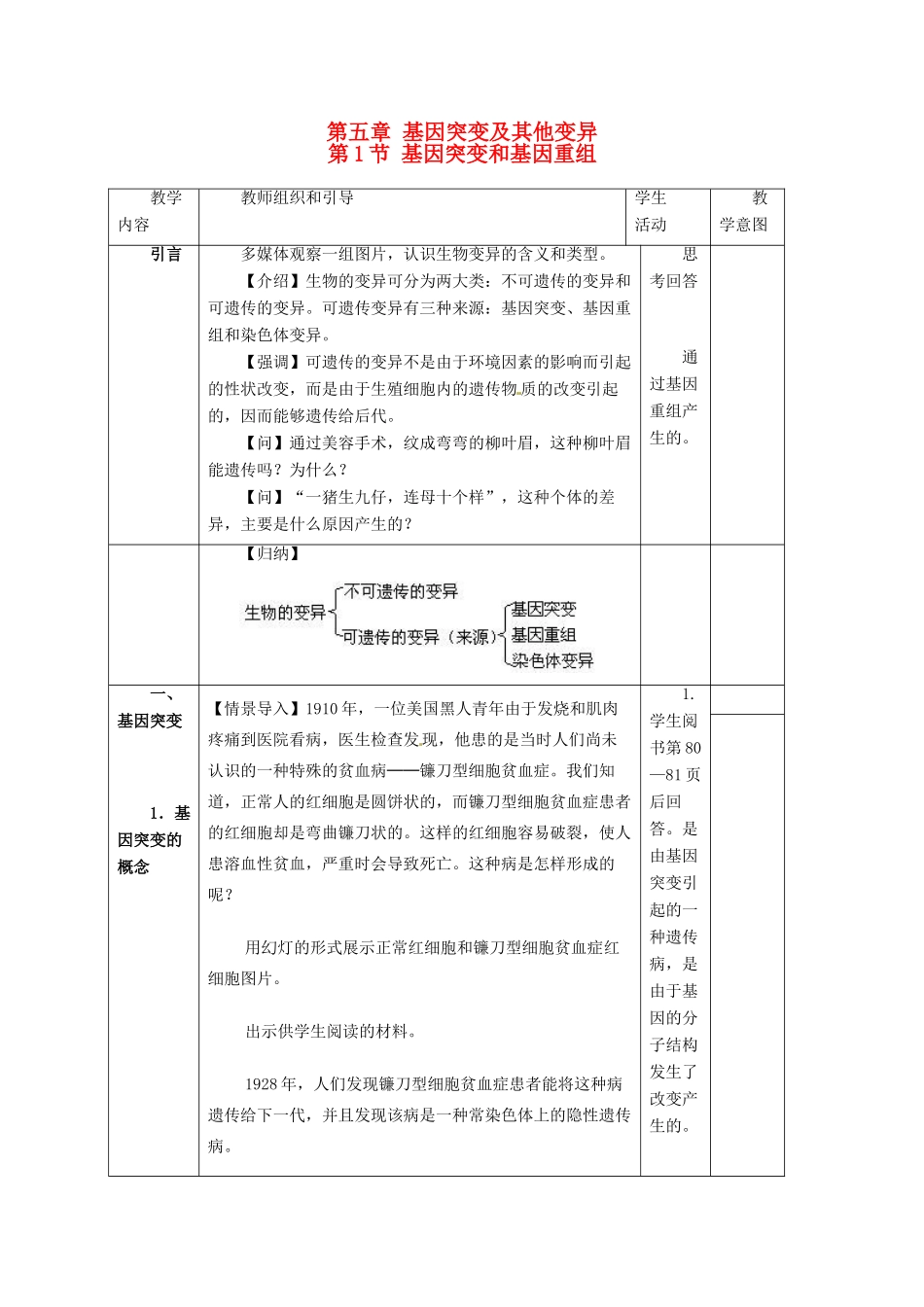 2013-2014学年高中物理 5.1 基因突变和基因重组新课教学过程一 新人教版必修2_第1页
