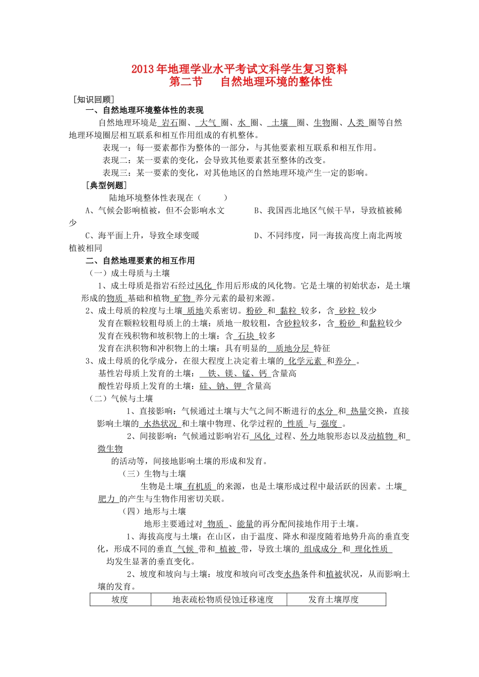 2013年高二地理学业水平考试文科学生复习 第二节 自然地理环境的整体性学案 湘教版_第1页