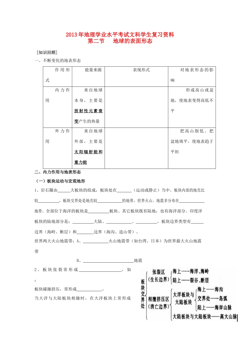 2013年高二地理学业水平考试文科学生复习 第二节地球的表面形态学案 湘教版_第1页