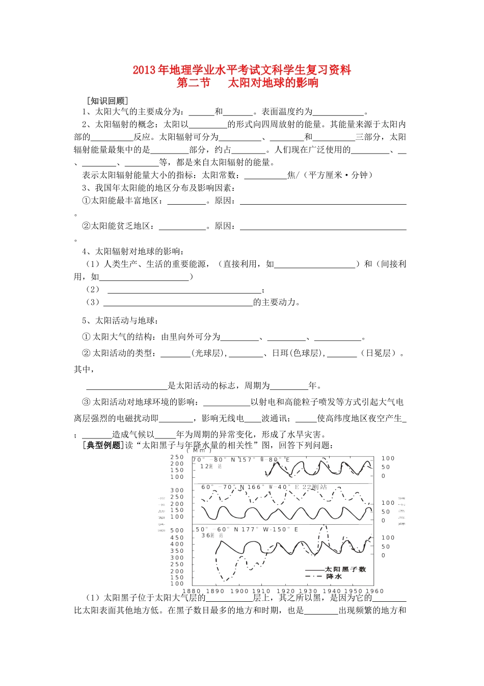 2013年高二地理学业水平考试文科学生复习 第二节太阳对地球的影响学案 湘教版_第1页