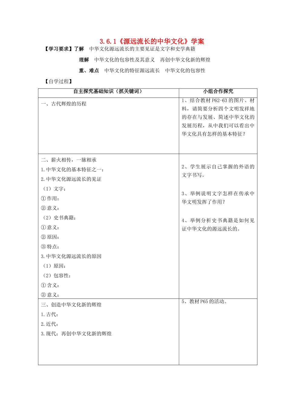 2013-2014学年高中政治 3.6.1《源远流长的中华文化》学案 新人教版必修3_第1页