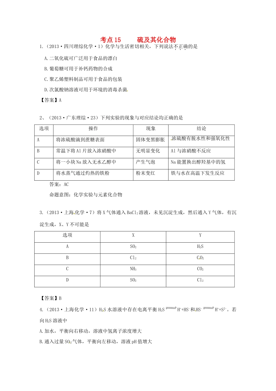 2013年高考化学 考点讲解15 硫及其化合物_第1页