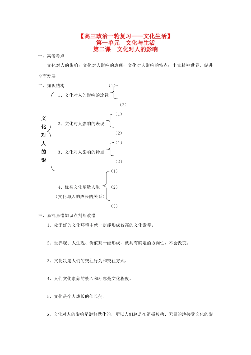 2012高考政治一轮复习 文化生活第一单元文化与生活第二课文化对人的影响精品学案_第1页