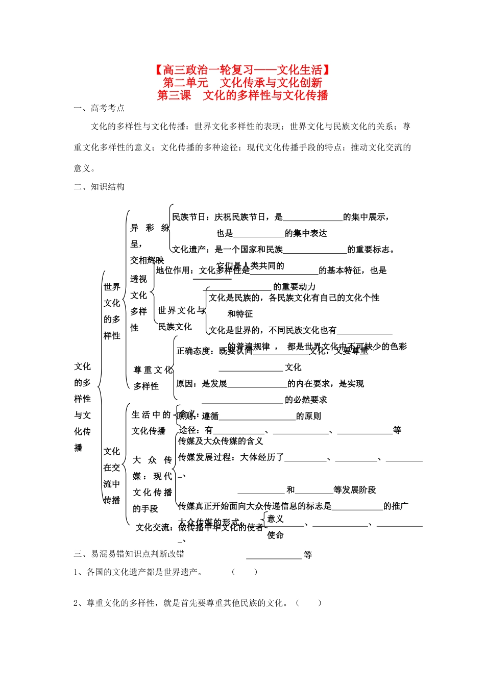 2012高考政治一轮复习 文化生活第一单元文化与生活第三课文化的多样性与文化传播精品学案_第1页