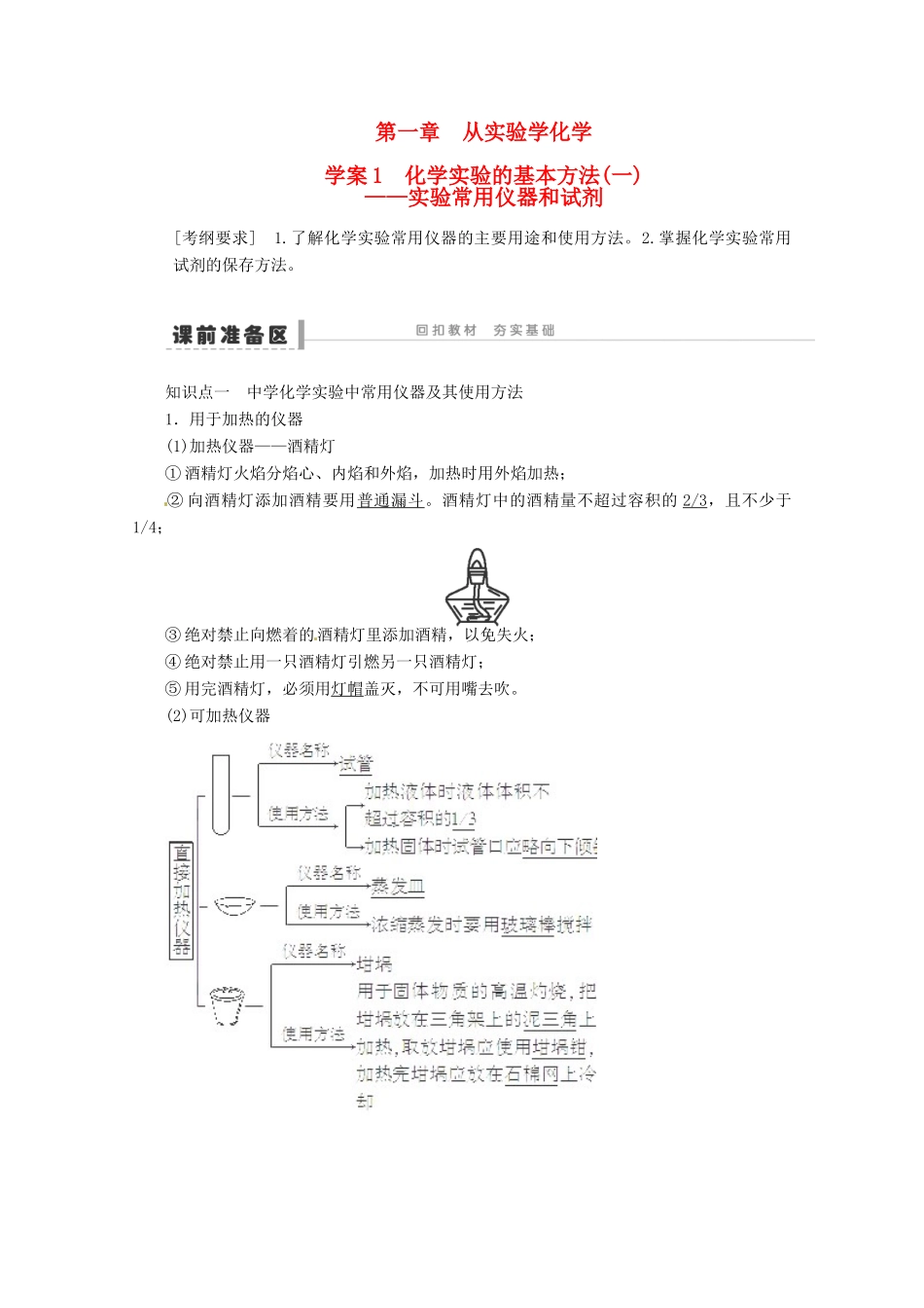 2013年高考化学 总复习学案1 化学实验的基本方法(一)实验常用仪器和试剂_第1页