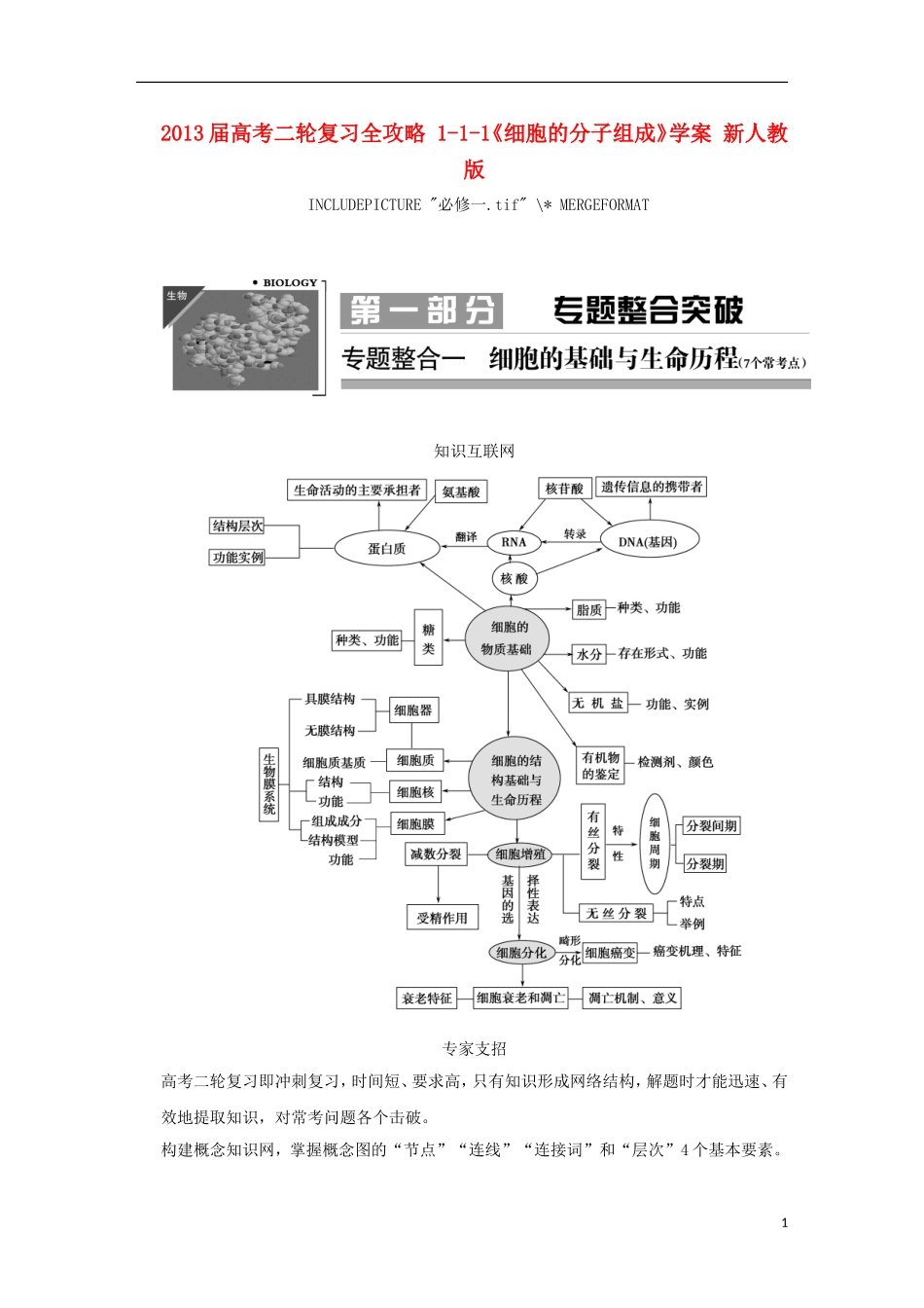 2013届高考二轮复习全攻略 1-1-1《细胞的分子组成》学案 新人教版_第1页