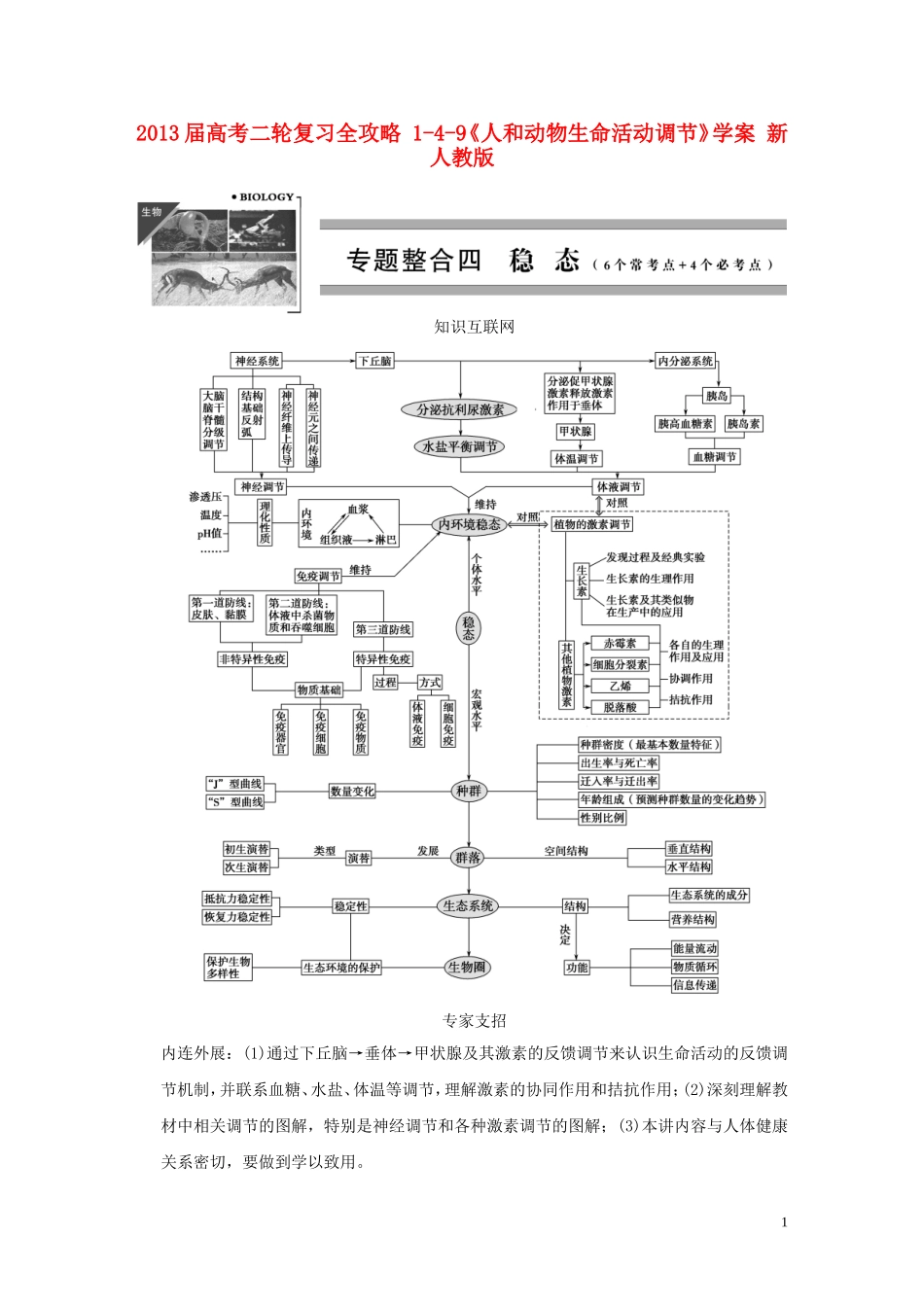 2013届高考二轮复习全攻略 1-4-9《人和动物生命活动调节》学案 新人教版_第1页