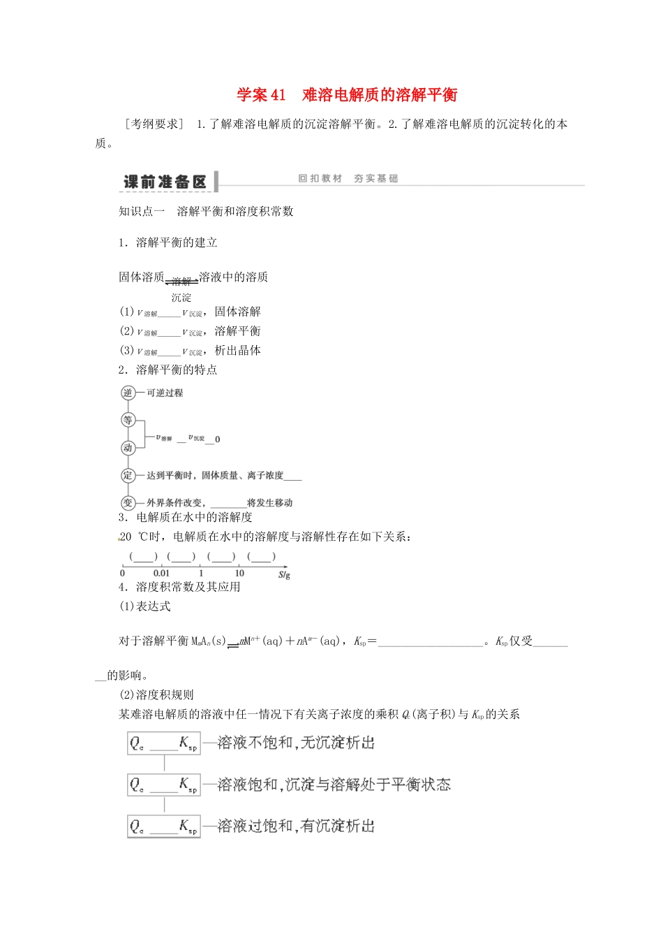 2013年高考化学 总复习学案41 难溶电解质的溶解平衡_第1页