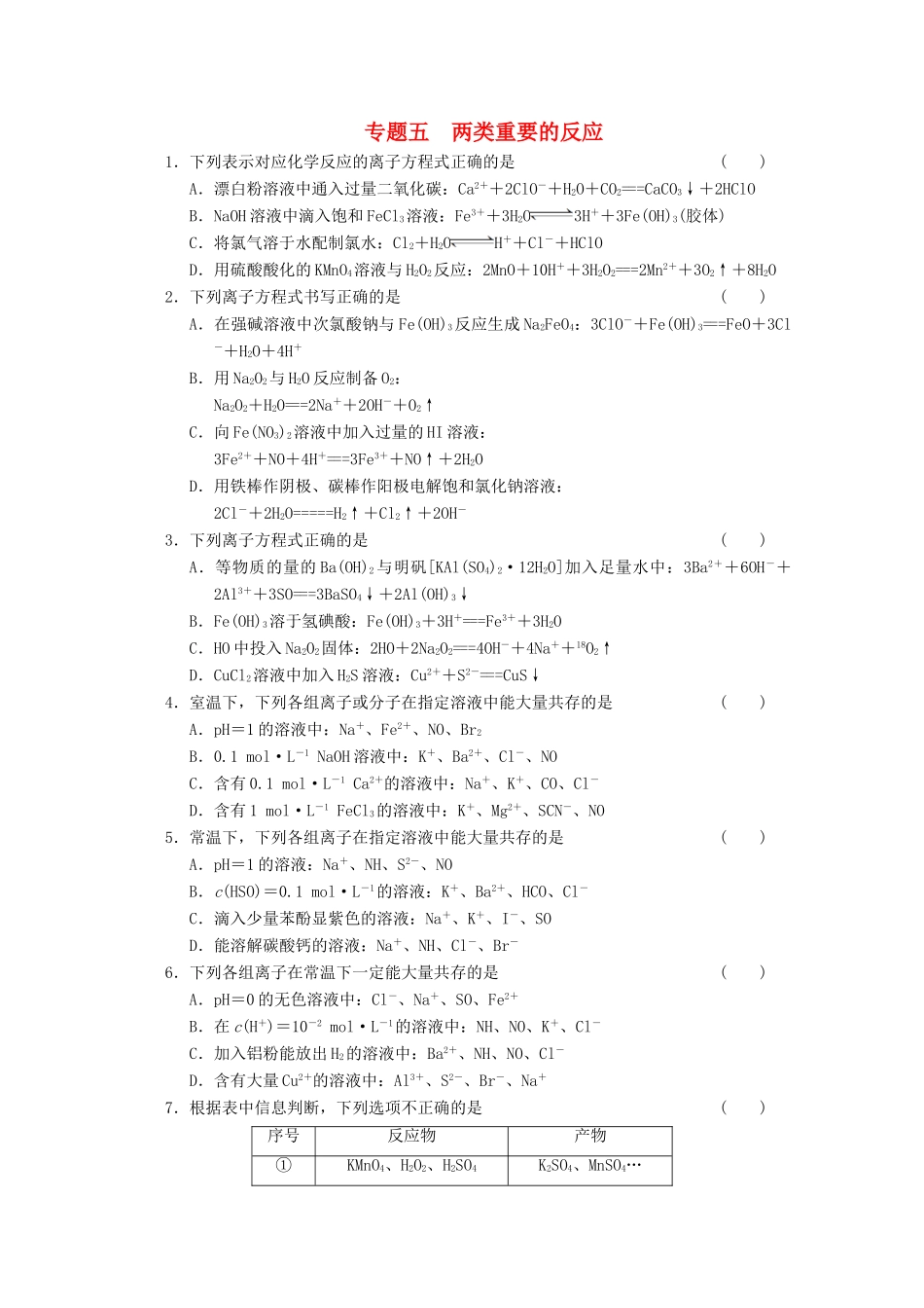 2013届高考化学二轮复习训练 专题五 两类重要的反应_第1页