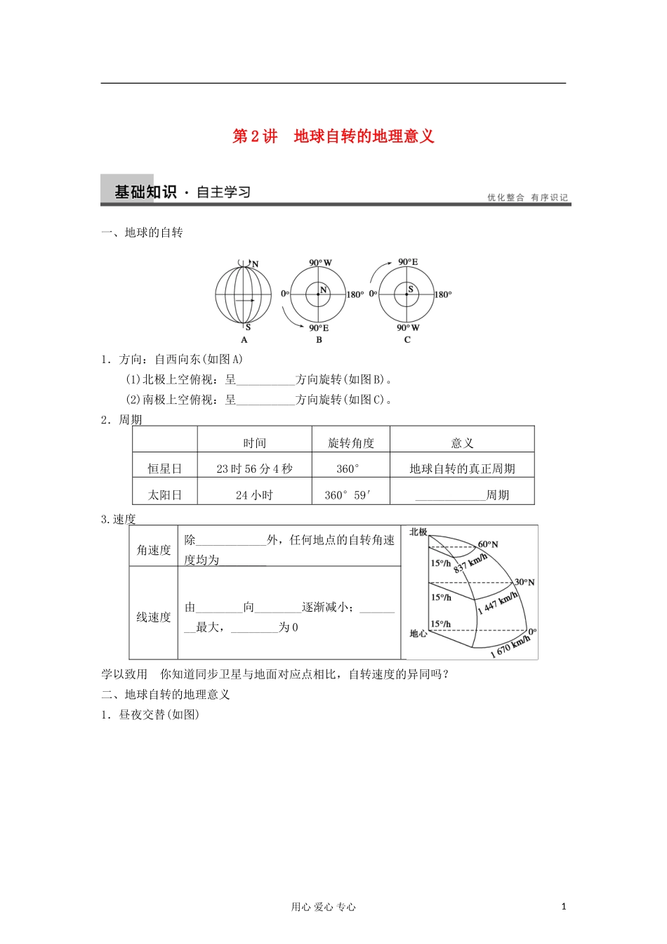 2013届高考地理一轮复习教案 地球的自转及其地理意义 鲁教版_第1页