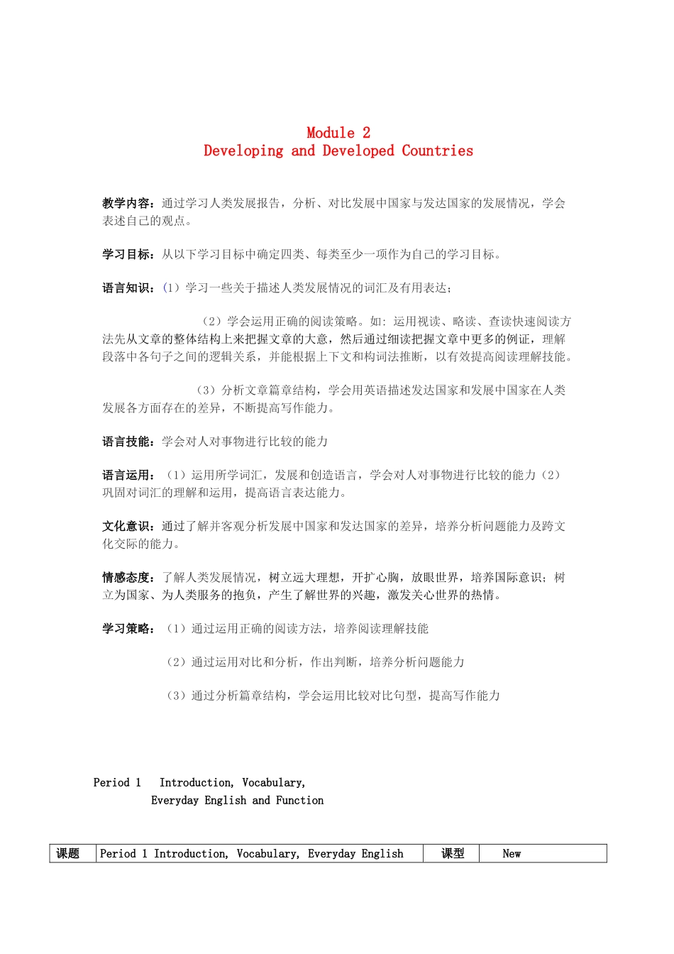 2013年春高中英语 Module2 period 1 Developing and Developed Countries教案 必修3 新课标_第1页