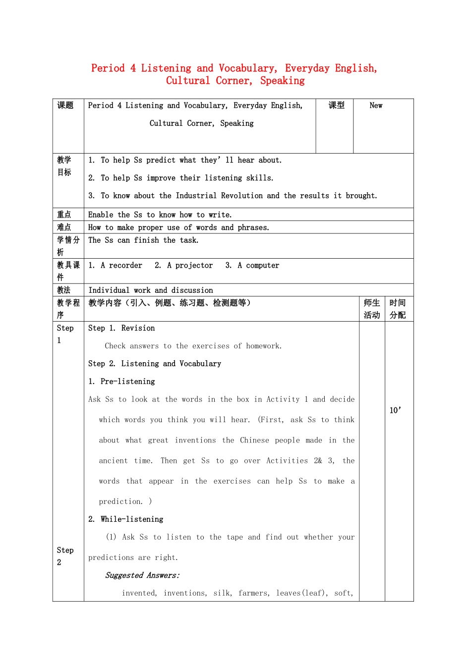 2013年春高中英语 Module5 period 4 Listening and Vocabulary, Everyday English,Cultural Corner, Speaking教案 必修3 新课标_第1页